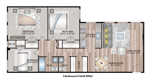 a floor plan of a 3 bedroom 3 bath apartment